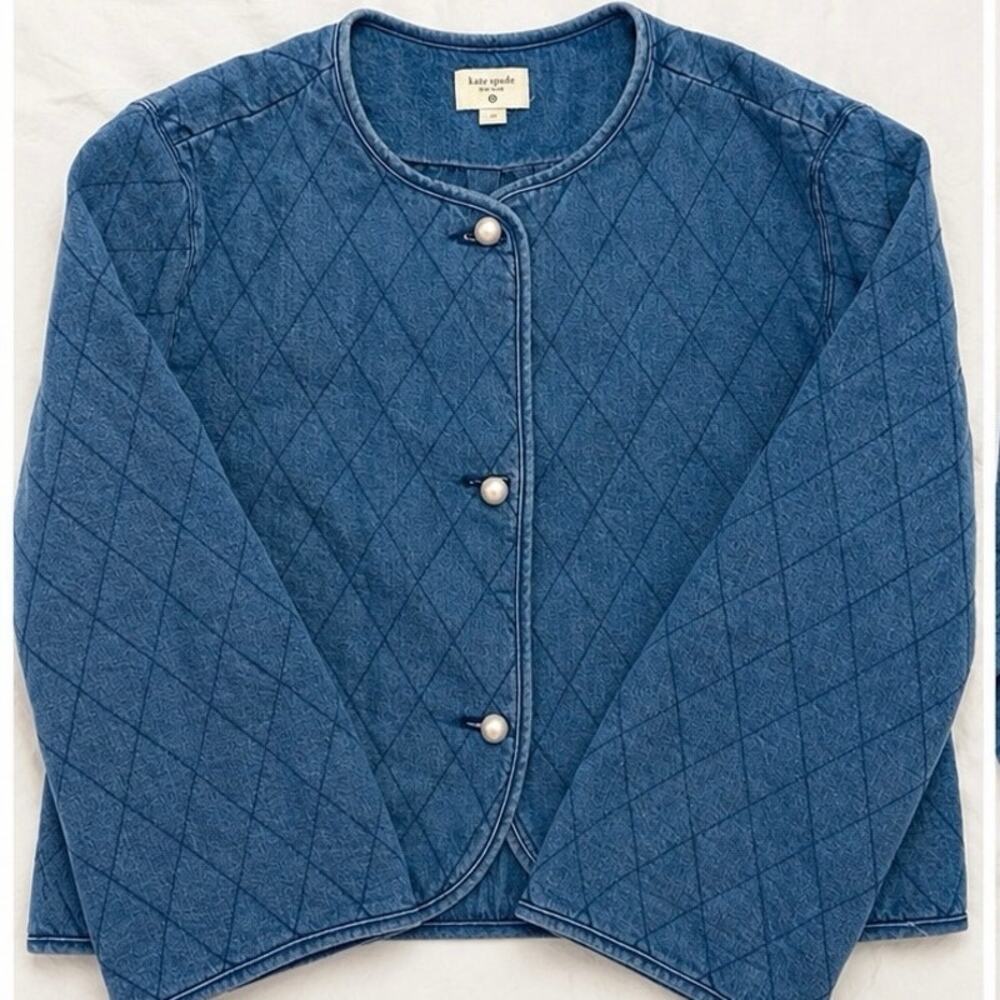 Kate Spade Quilted Denim Jacket Pearl Button Blue Cropped Coat Large Cottagecore